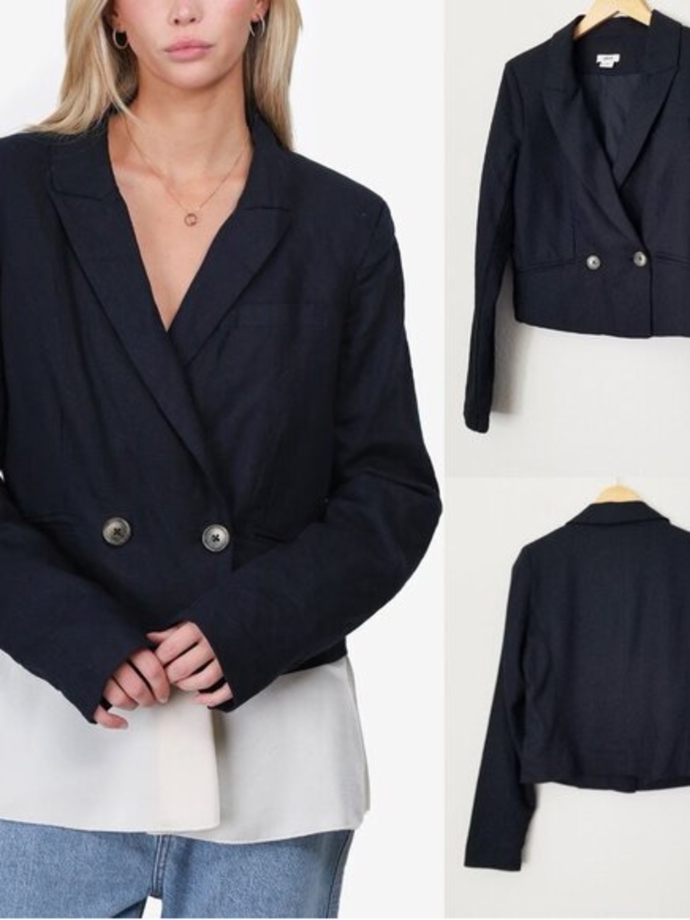 Jason Wu Cropped Double-Breasted Navy Women's Blazer Jacket